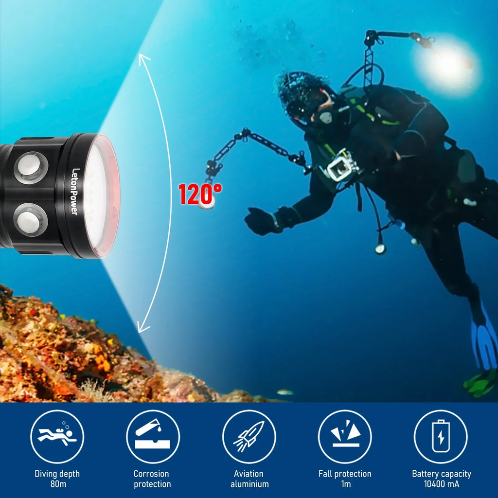 B15 Dive Light Underwater Flashlight 8000Lumens Underwater Video Lights 80m Scuba Dive Light Diving Flashlight Under Water Sports,Underwater Video Shooting and Photography