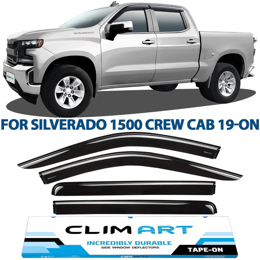 CLIM ART Incredibly Long-lasting Rain Guards with Chevrolet (Chevy) Silverado/GMC Sierra 1500 2019-2024 Crew Cab, Truck Accessories, Tape-on Window Deflectors, Vent Window Visors, 4pcs- 419160