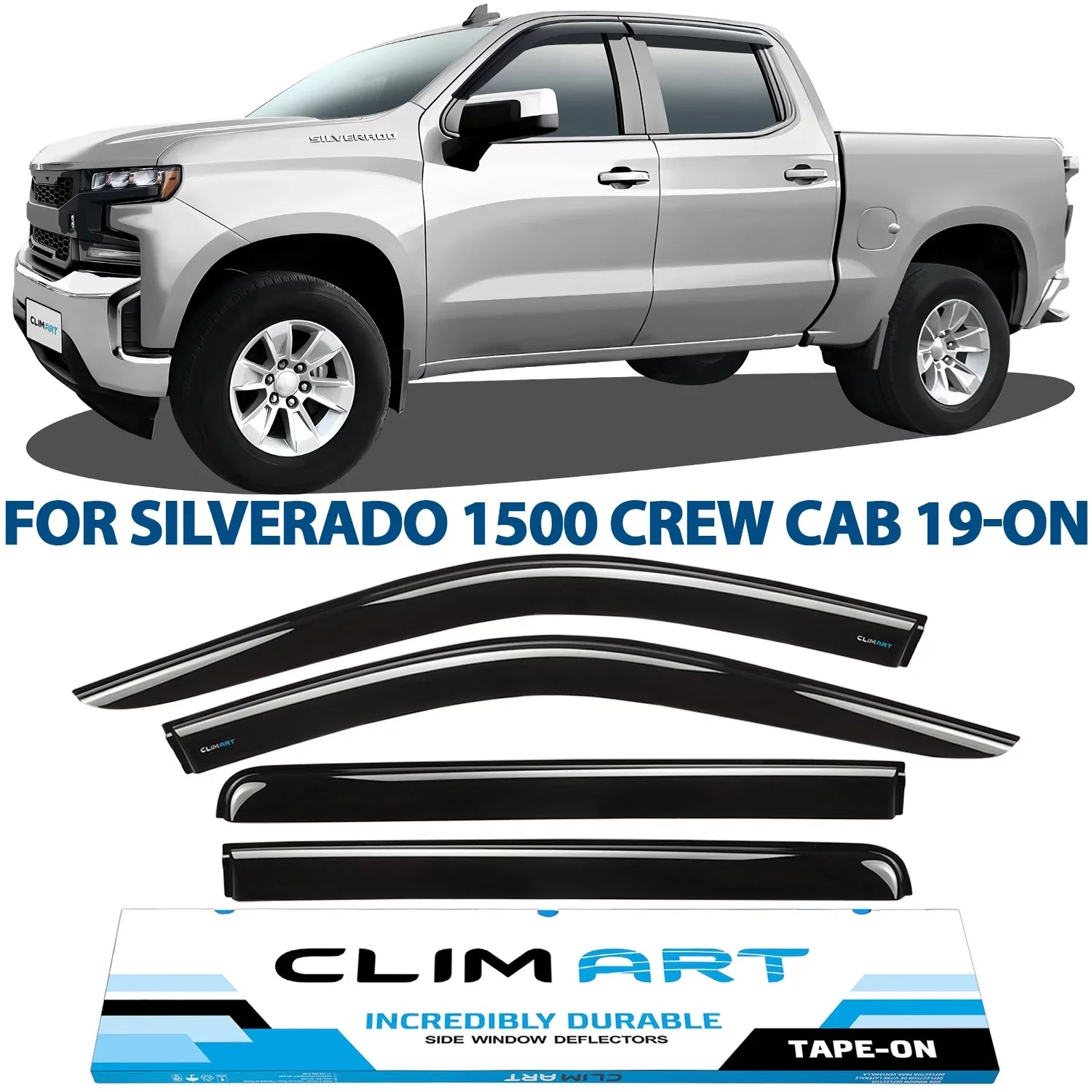 CLIM ART Incredibly Long-lasting Rain Guards with Chevrolet (Chevy) Silverado/GMC Sierra 1500 2019-2024 Crew Cab, Truck Accessories, Tape-on Window Deflectors, Vent Window Visors, 4pcs- 419160