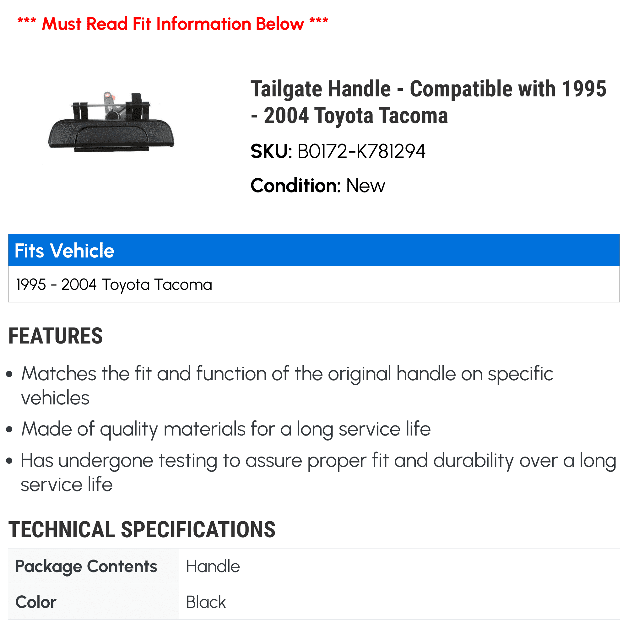 Tailgate Handle - with 1995 - 2004 Toyota Tacoma 1996 1997 1998 1999 2000 2001 2002 2003