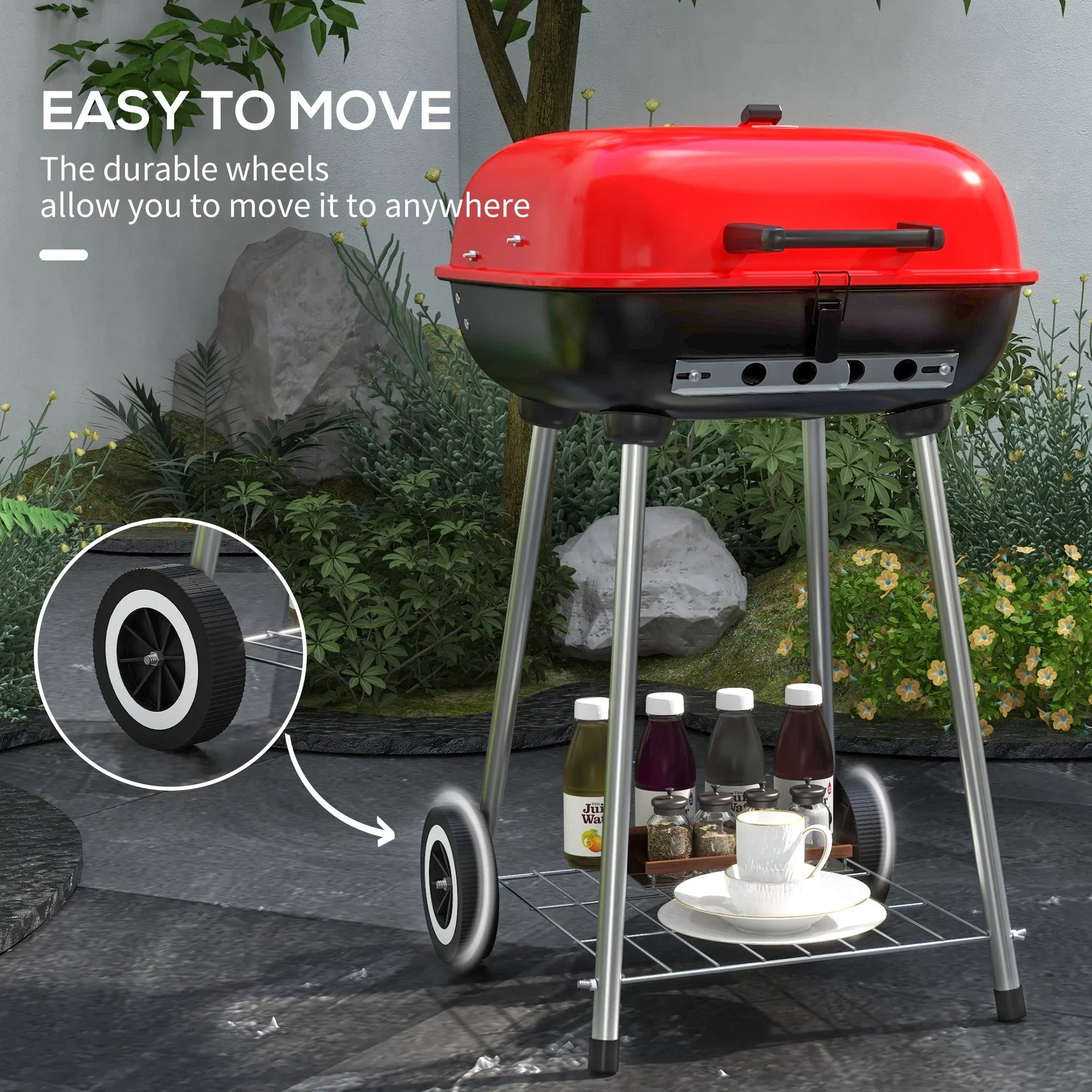 Outsunny Portable Charcoal Grill with Wheels Bottom Shelf Picnic, Red