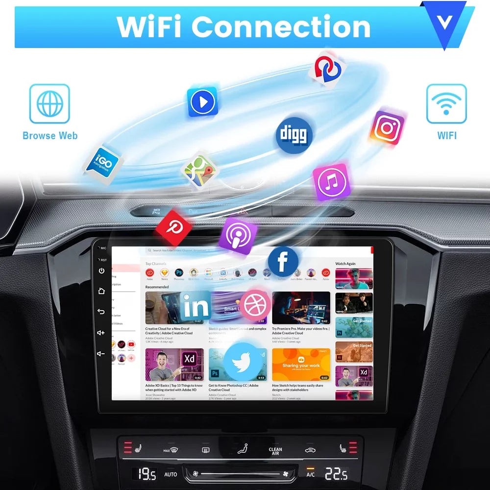 Podofo 2+64G Universal 9'' Double Din Car Stereo Radio Wireless Carplay Android Auto Mirror Link Touch Screen 1080P Car Multimedia Player Bluetooth USB WIFI GPS FM, Microphone&AHD Backup Camera