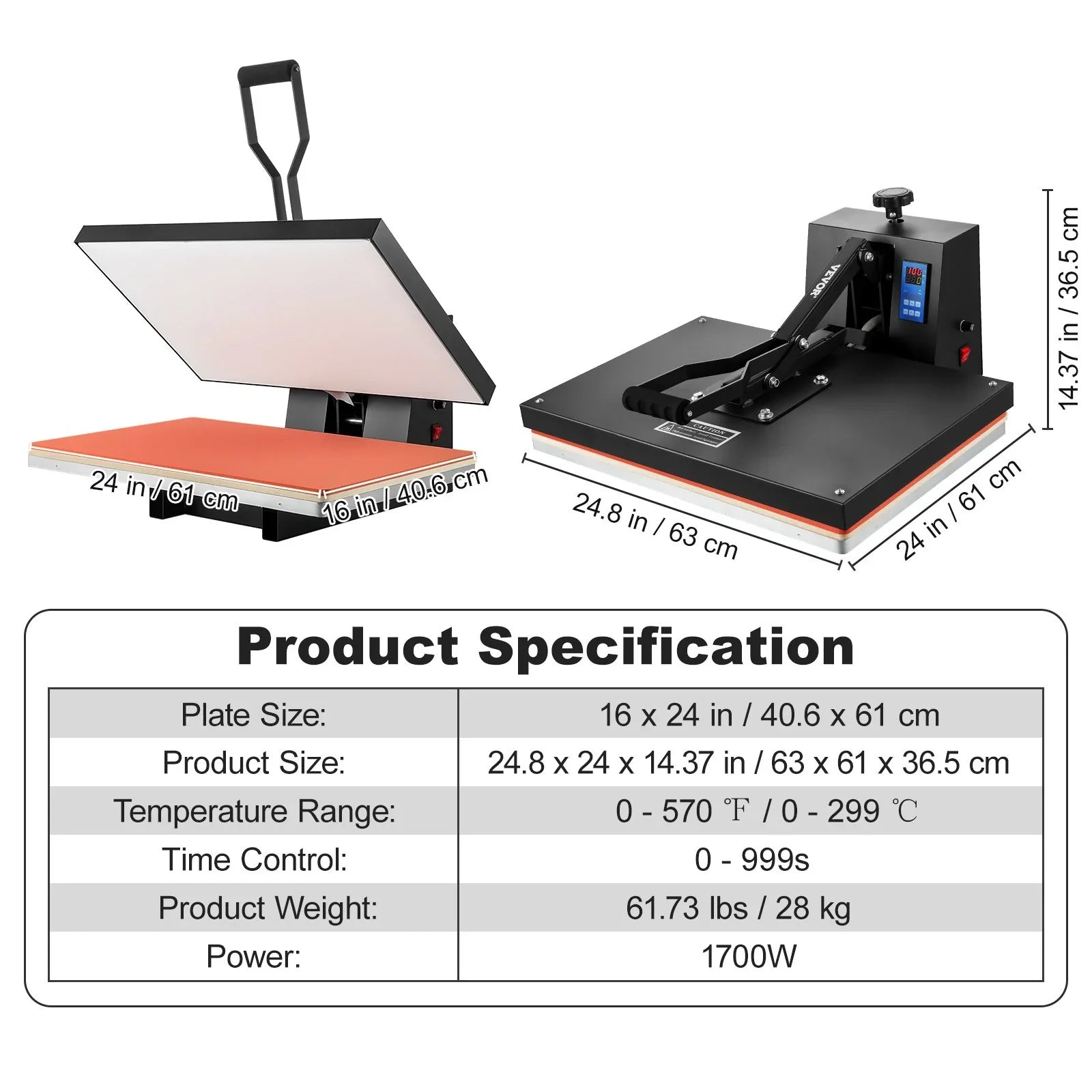 VEVOR 16x24 Heat Press Machine 1700W Power, Industrial Sublimation Printer TShirt and Heat Transfer Vinyl, Easy to Use Digital Heat Press Black