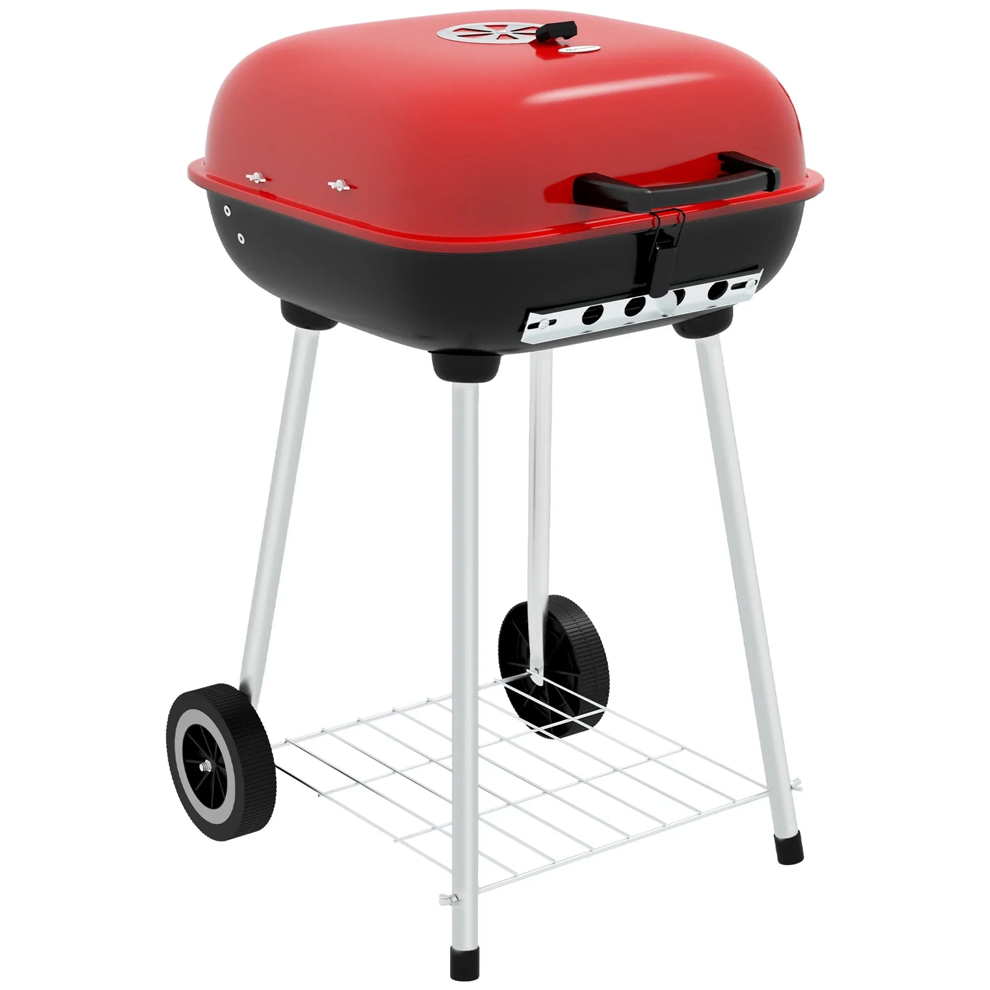 Outsunny Portable Charcoal Grill with Wheels Bottom Shelf Picnic, Red