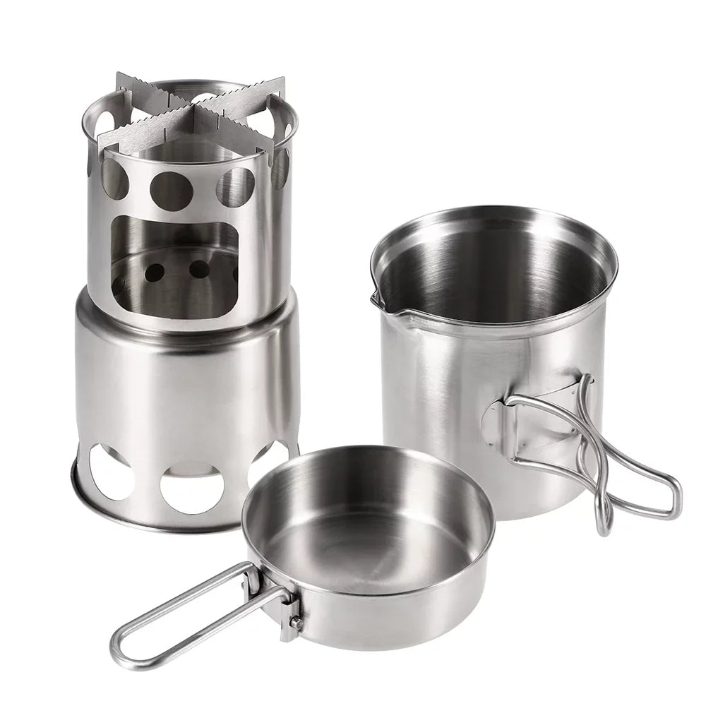 Arealer Portable Camping Stove Combo Wood Burning Stove and Cooking Pot Set Backpacking Fishing Hiking