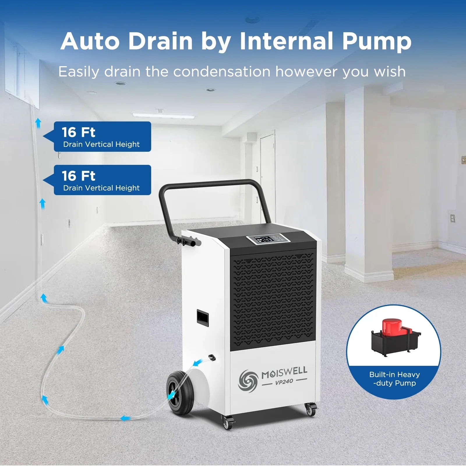 Moiswell 240 Pints Commercial Dehumidifier with Pump and Drain Hose - Excellent Industrial Site, Basements, Water Damage Unit Large Spaces up to 8,500 Sq Ft - Auto Defrost, Memory Starting