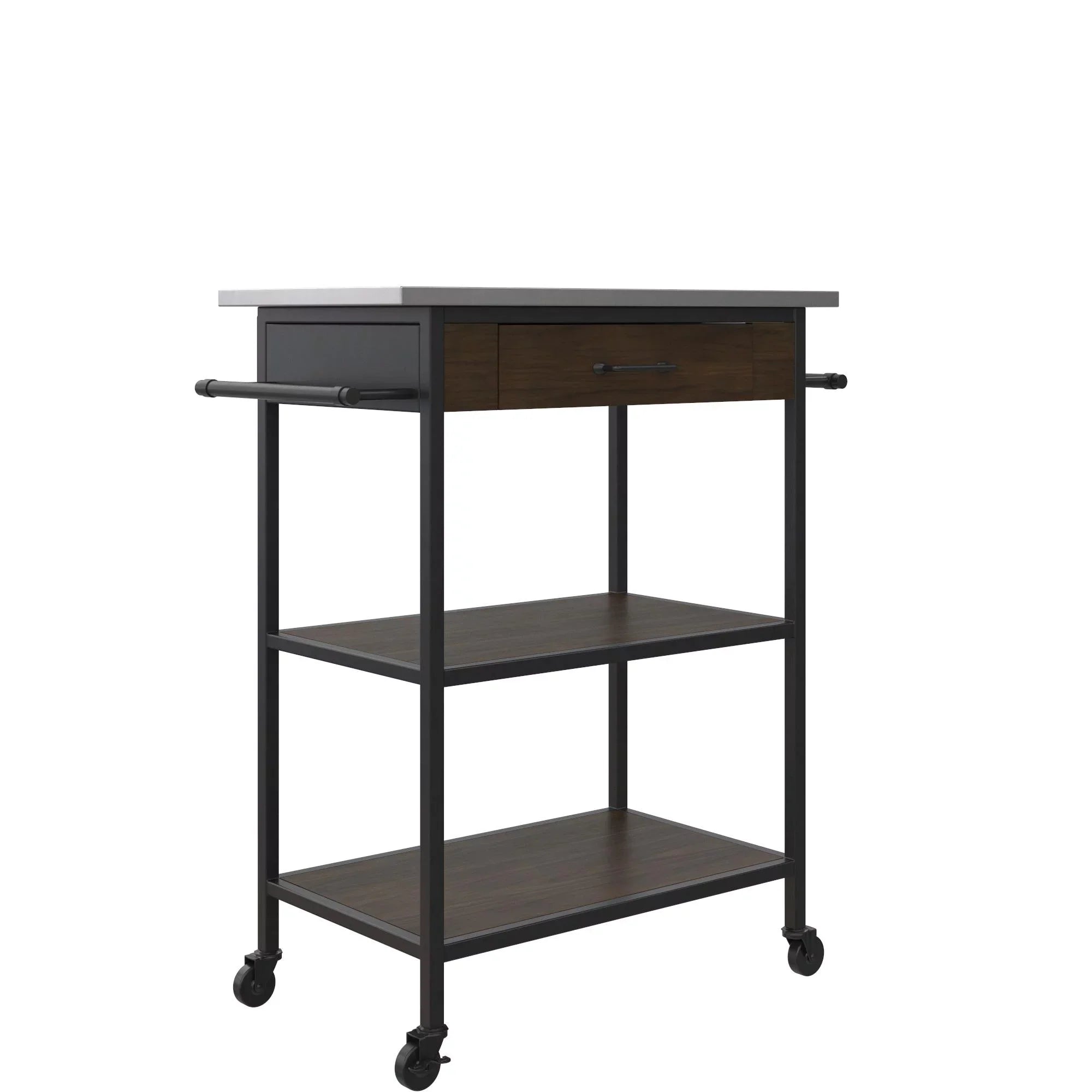 DHP Kane Kitchen Cart, Black Metal Frame, Stainless Steel Counter Top, Pantry Storage, Brown