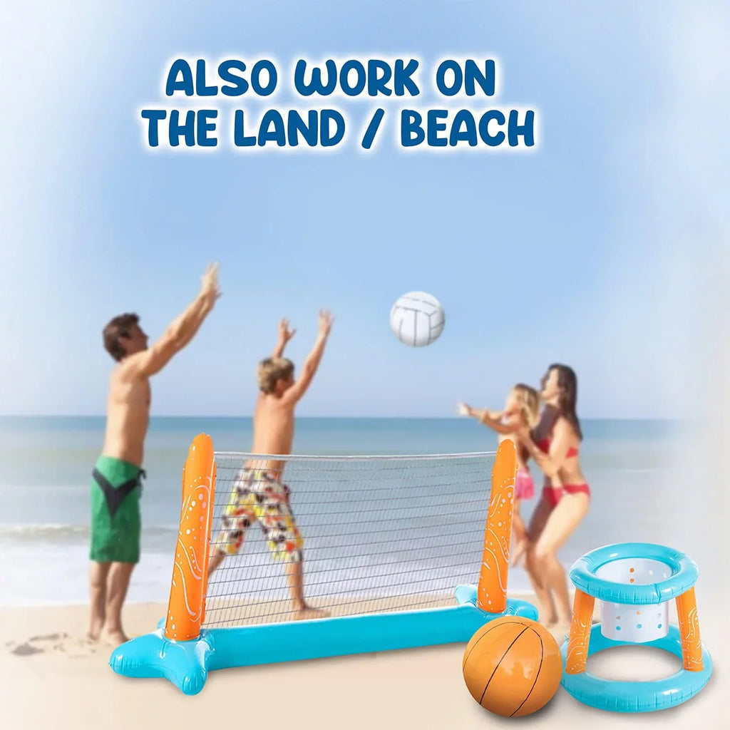 Clover Larger Pool Volleyball Set & Basketball Hoop, Pool Volleyball Net Inground Balls & Weight Bags, Pool Toys Game Kids Teens and Adults | Light Blue