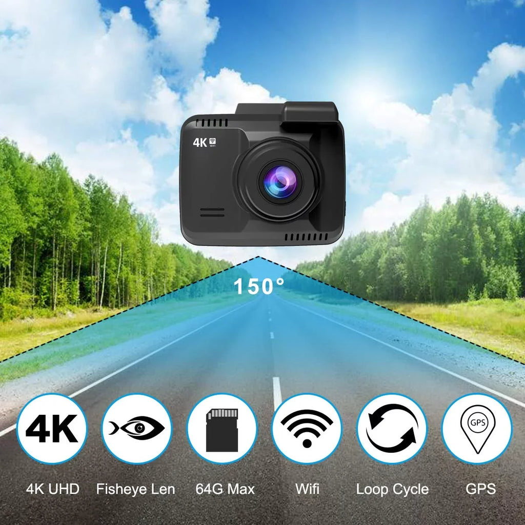 Iseebiz Dash Cam Built-in WiFi GPS, 2160P 24FPS Driving Recorder Car Dashboard Cam, App View, Novatek Chip, WDR, G-Sensor, Motion Detect, 150° Wide Angle, Loop Record, Parking Mode