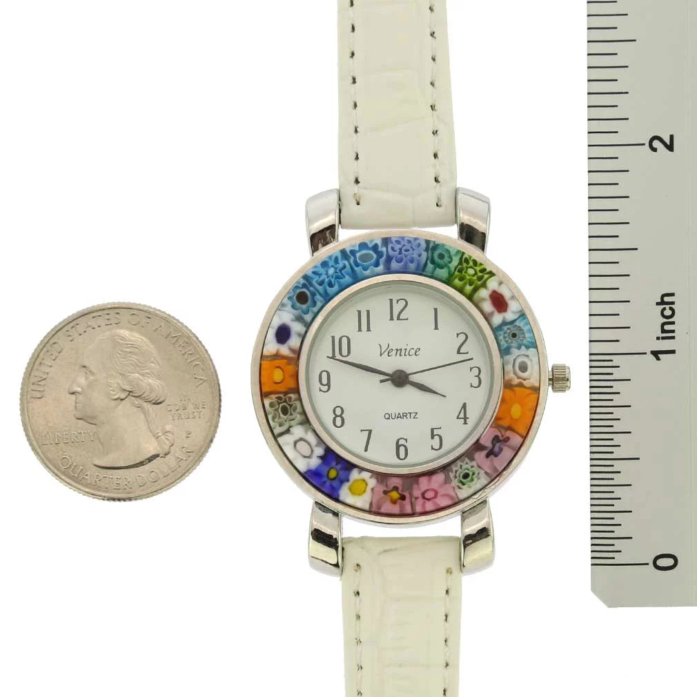 GlassOfVenice Serena Murano Millefiori Watch With Leather Band - White