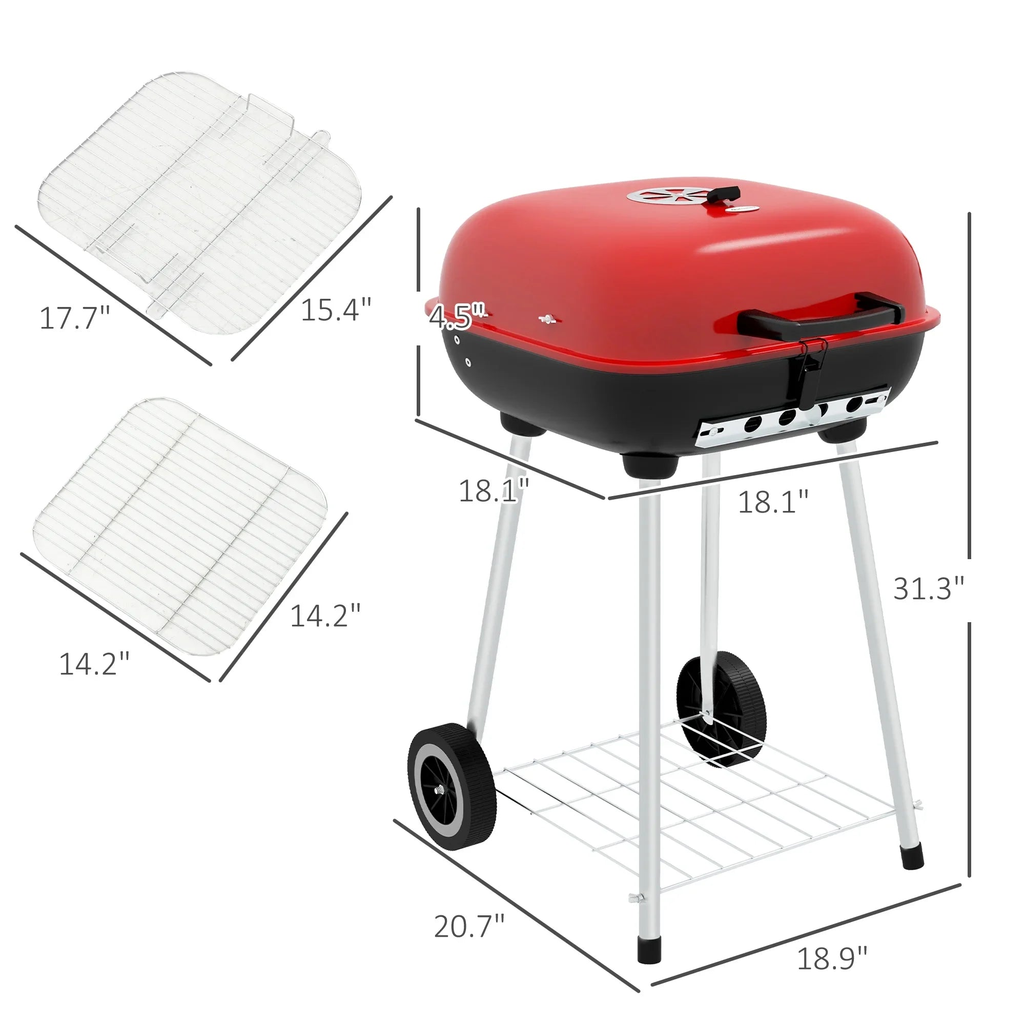 Outsunny Portable Charcoal Grill with Wheels Bottom Shelf Picnic, Red