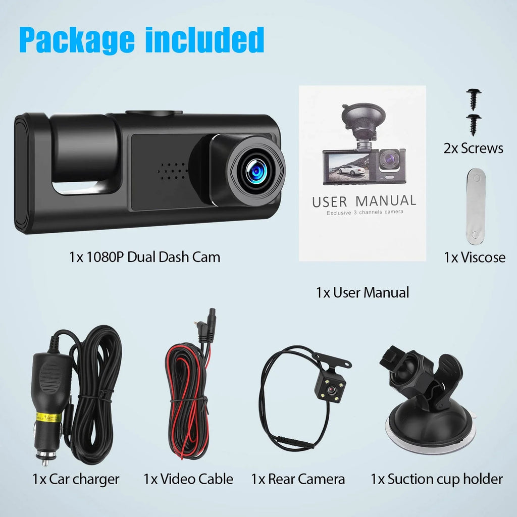 Dash Cam Front Rear Inside W/32GB TF Card, 3 Channel Dual Dash Camera, 1080P Car Camera DVR Backup Cam, 3 Way Triple Dashboard Driving Recorder, Inside IR Night Vision, G-Sensor