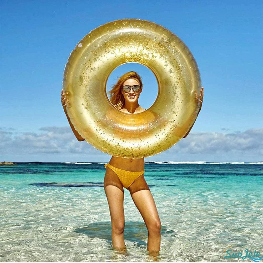 Terra Inflatable Pool Toys - Pool Floats Tube Gold Rings, Pool Floaties Toys with Glitter Swimming Pool Party, Beach Swimming Pool Float Toys Adults Kids | 48 Inch