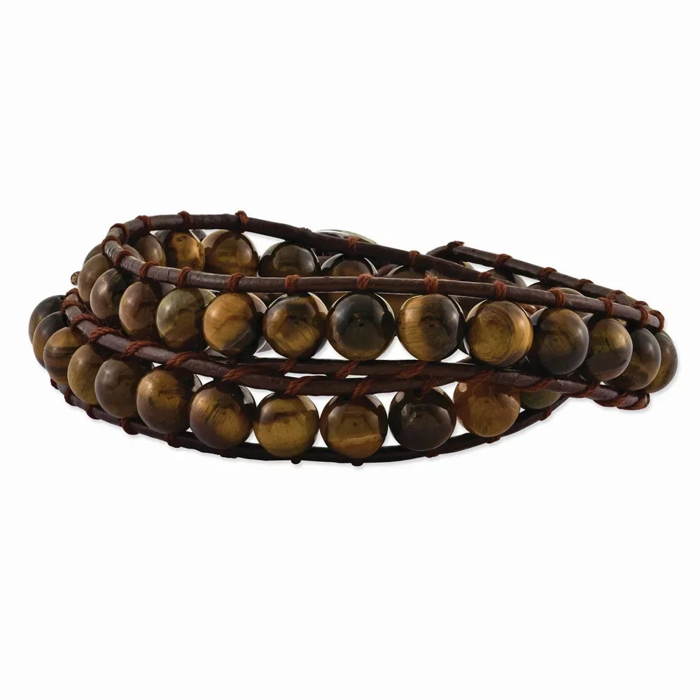 Stainless Steel 6mm Brown Beads and Leather Cord Multi Wrap Bracelet Jewelry Gifts Women