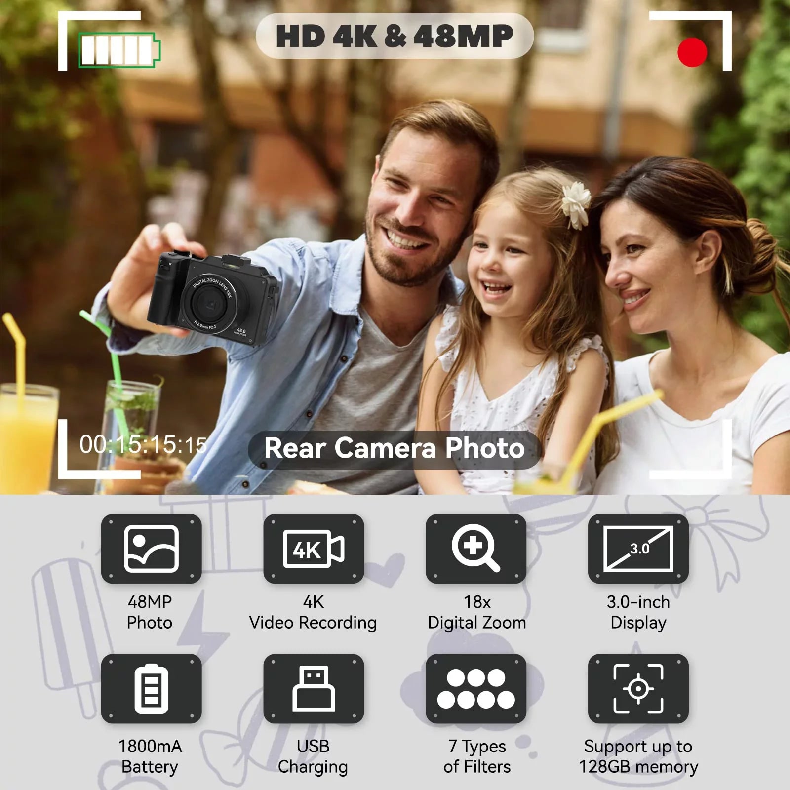 OIEXI 48MP Digital Camera Photography,4K Video Camera with Front and Rear Dual Cameras,18X Digital Zoom,3.0-inch Screen,32GB Micro Card,Rechargeable Battery,Camera Kids/Teens/Beginners(Black)