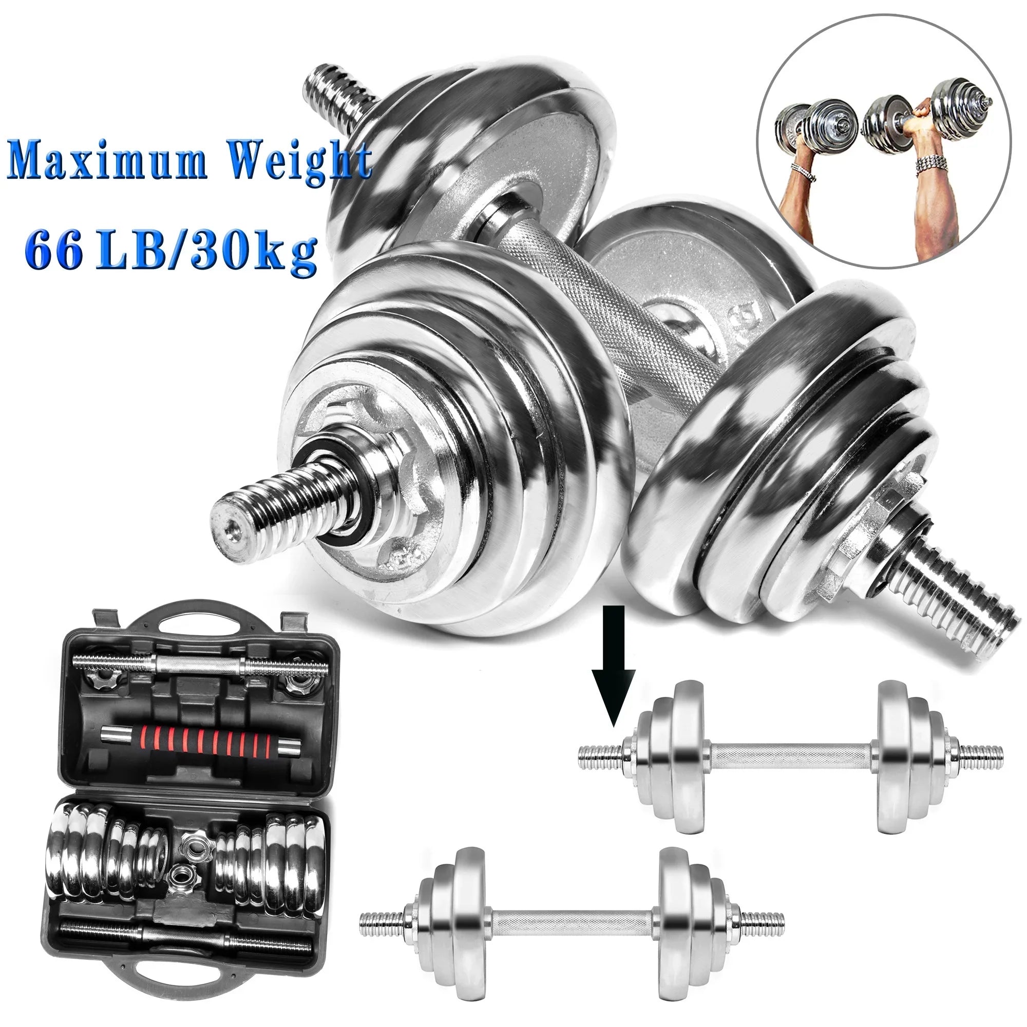 SAYFUT 66LB Dumbbell Weight Set Detachable Fitness Dumbbells Barbells Adjustable Gym Household Exercise, Silver