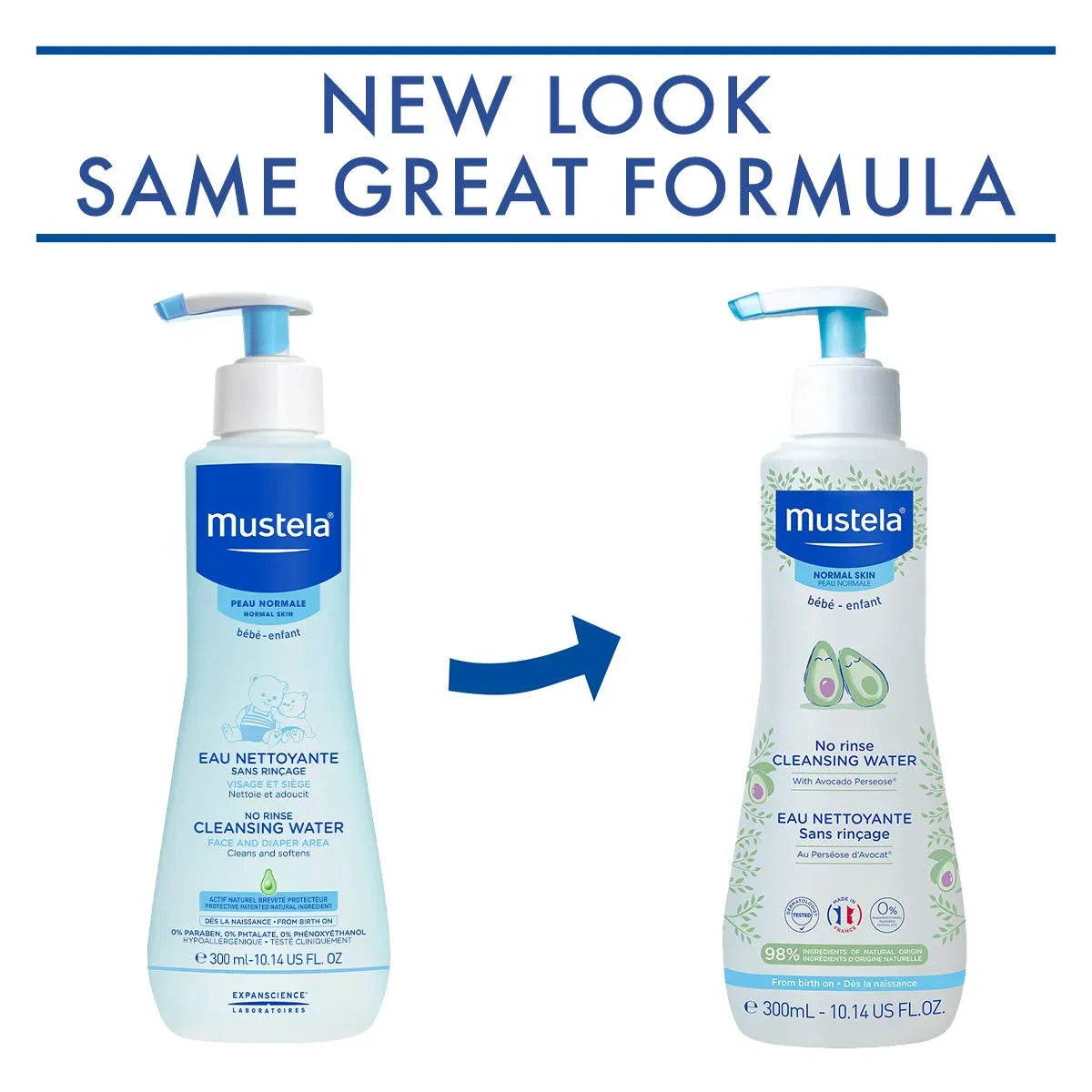 Mustela Baby Cleansing Water - No-Rinse Micellar Water - with Natural Avocado & Aloe Vera - Baby's Face, Body & Diaper - 1 or 2-Pack - Various Sizes