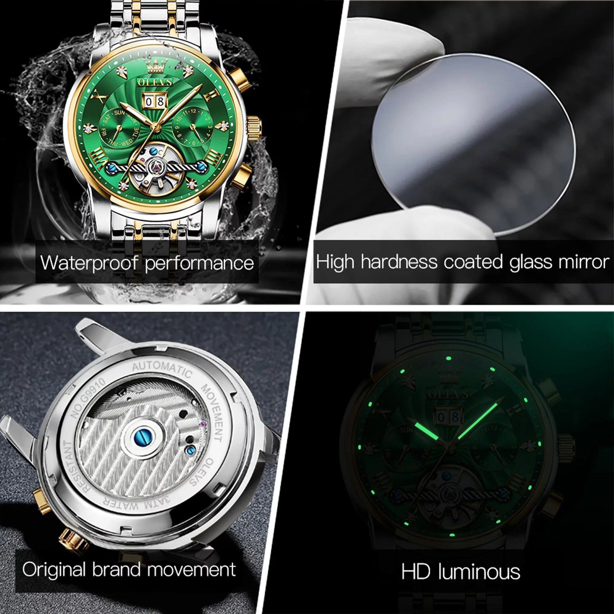 OLEVS Automatic Watches Men Luxury Business Dress Mens Watches Diamond Skeleton Self-Winding Stainless Steel Band