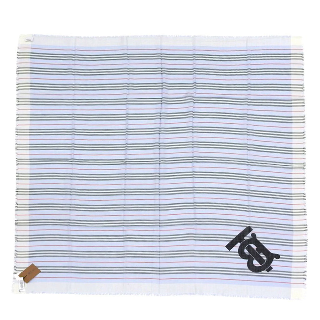Pre-Owned Burberry BURBERRY scarf border stripe wool silk light blue 80173691 (Like New)