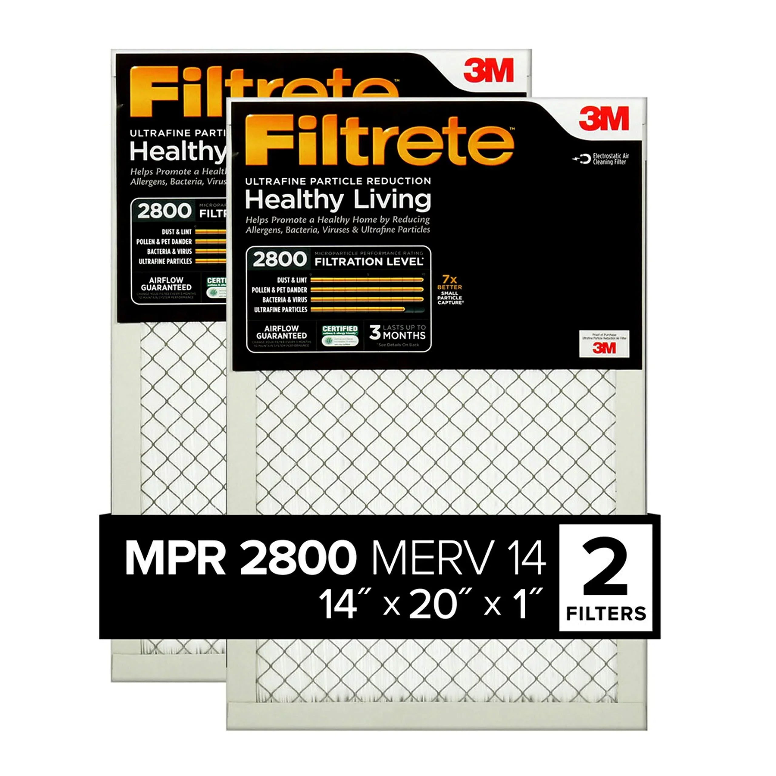 Filtrete 14 x 20 x 1, AC Furnace Air Filter, MPR 2800, Healthy Living Ultrafine Particle Reduction, 2-Pack (exact dimensions 13.781 x 19.781 x 0.84) 14 x 20 x 1