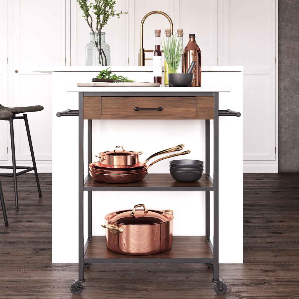 DHP Kane Kitchen Cart, Black Metal Frame, Stainless Steel Counter Top, Pantry Storage, Brown