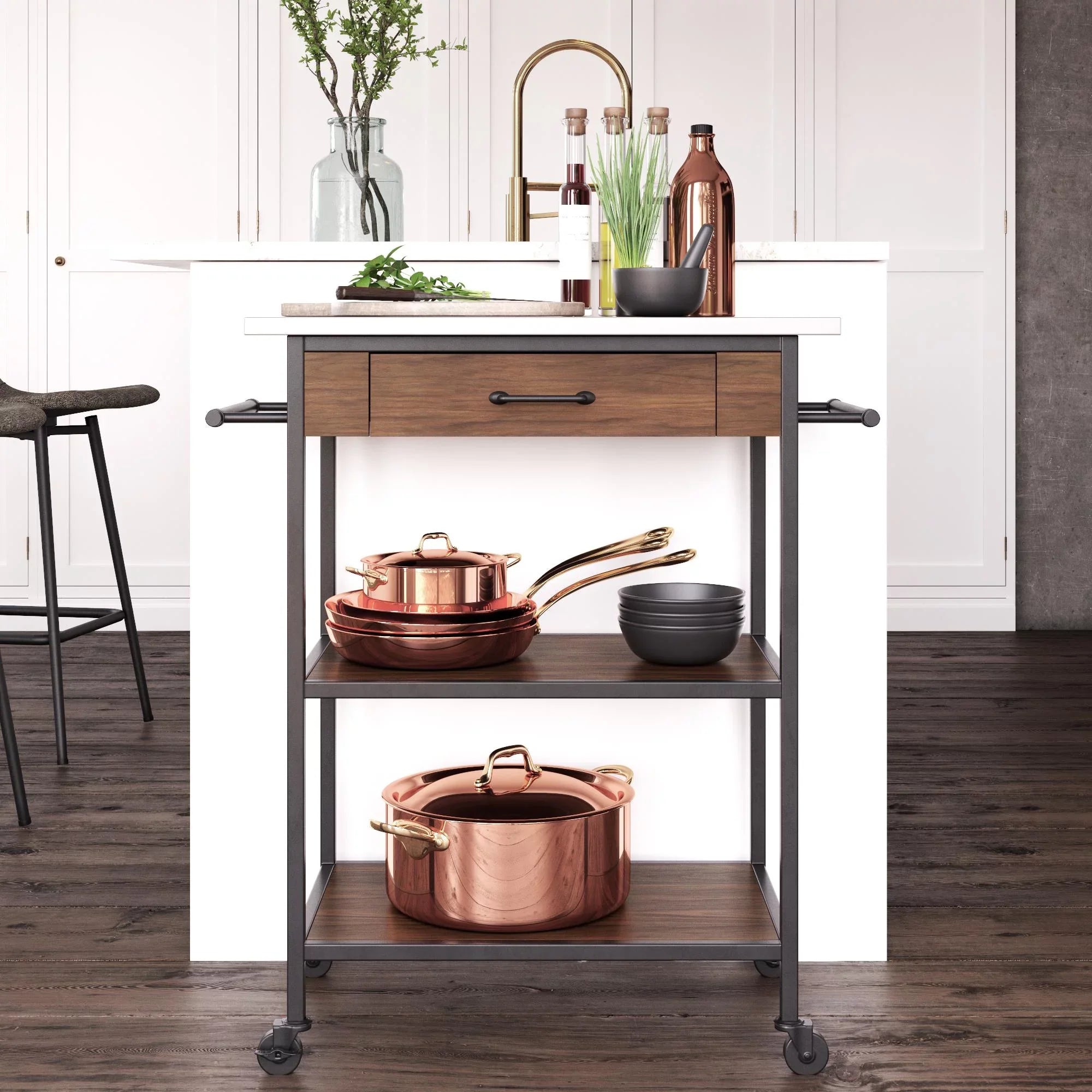 DHP Kane Kitchen Cart, Black Metal Frame, Stainless Steel Counter Top, Pantry Storage, Brown