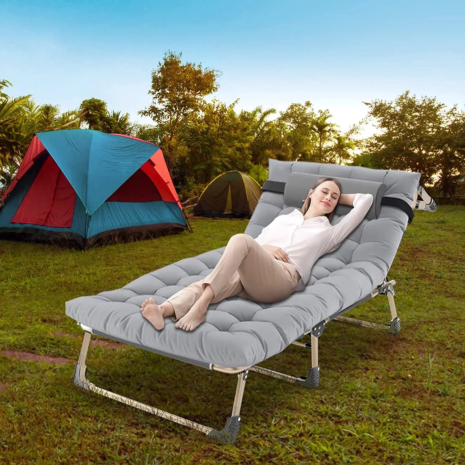ABORON 4-Fold Portable Folding Chaise Lounge Chair,Camping Cot, with Pillow and Mattress, Adjustable Patio Recliner Garden Beach Outdoor/Indoor