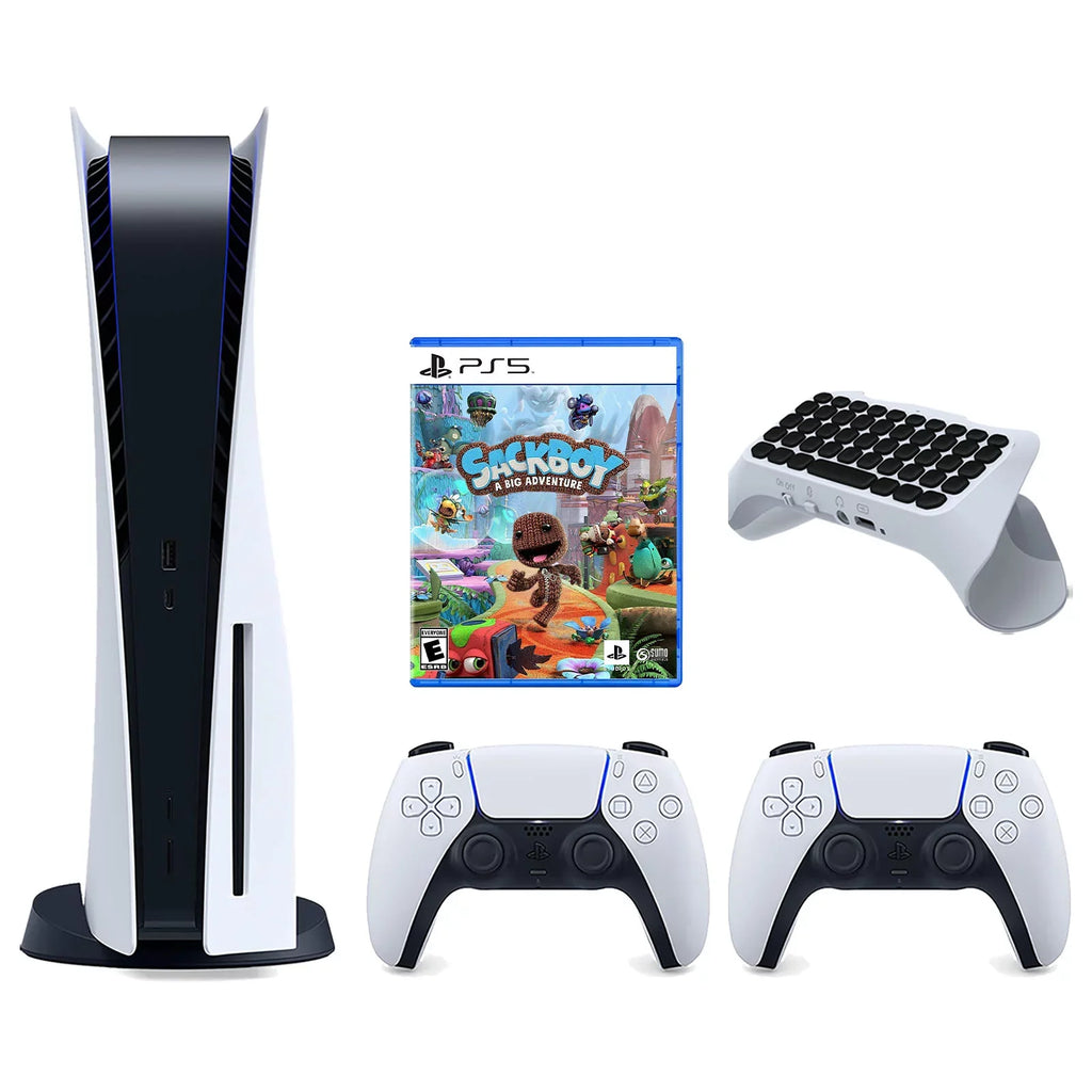 Sony Playstation 5 Disc Version Console with Extra White Controller, Surge QuickType 2.0 Wireless PS5 Controller Keypad and Sackboy: A Big Adventure Bundle