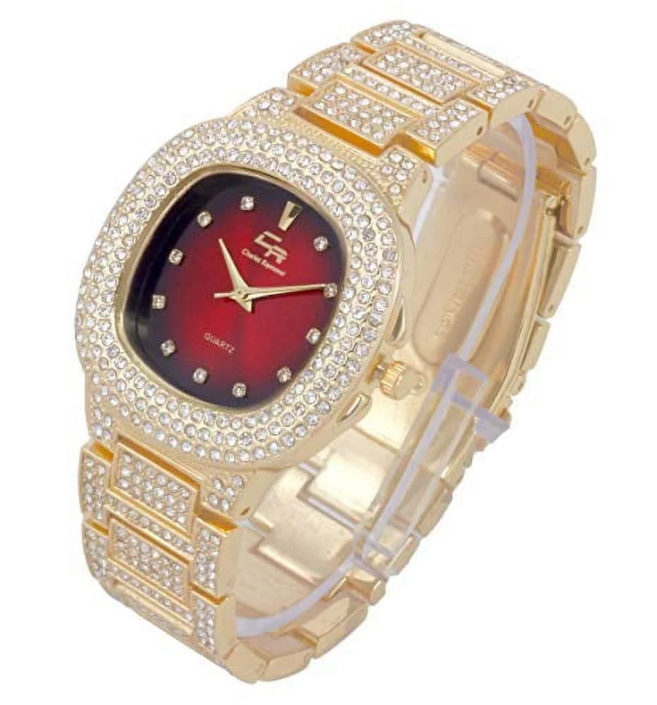 Bling'ed Out King and Queen Hip Hop Watch Set Perfect Power Couples to Flaunt On and Off The Dance Floor - ST10325/ST10364 His&Hers (Gld Blood Red)