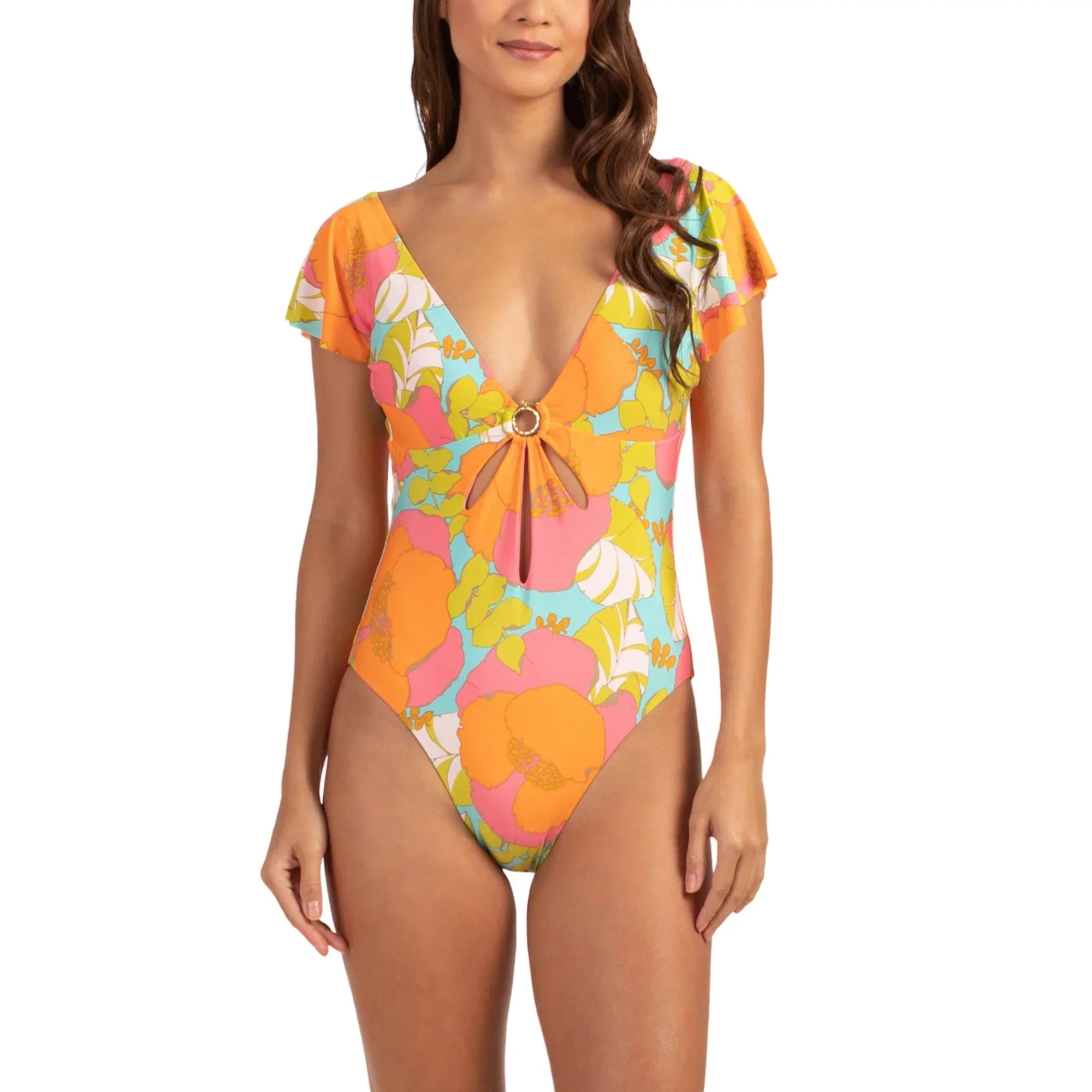 Trina Turk Women's Playa De Flor Keyhole Front Flutter Sleeves One-piece Swimsuit-Orange / 14