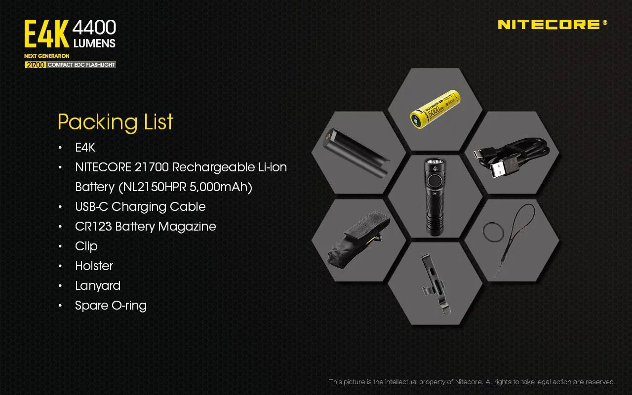 Combo: NITECORE E4K Next generation Flashlight - 4400 Lumens w/Tip Copper Keychain Light -360 Lumens