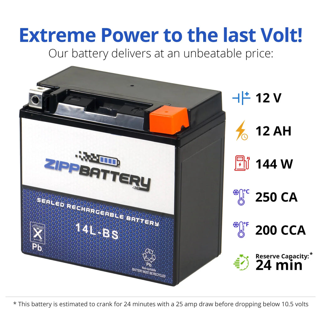Zipp Battery Ytx14l-bs (14l-bs 12 Volts,12 Ah, 200 Cca) Motorcycle Battery Harley-davidson 1200cc Xl Xlh Sportster 2007