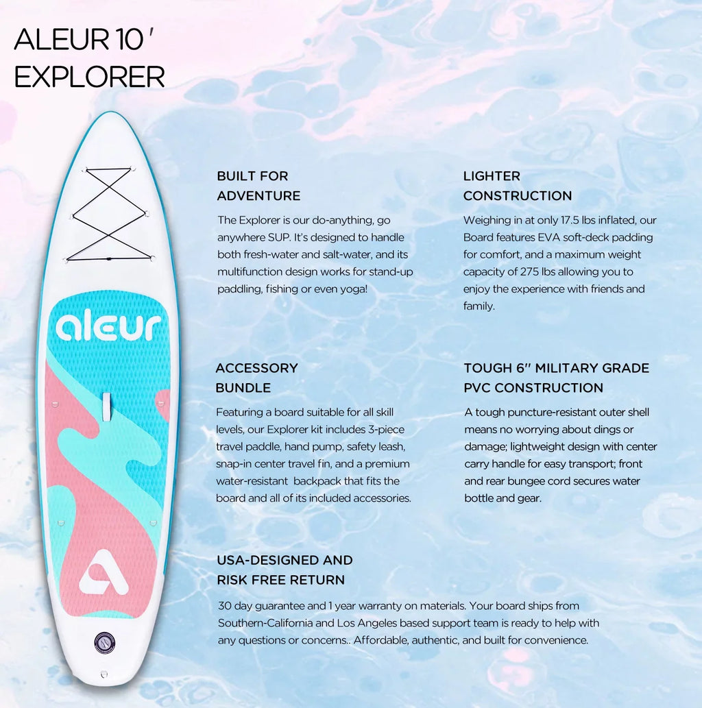 Aleur Explorer Inflatable Stand Up Paddle Board Package W Premium SUP Accessories & Backpack, Non-Slip Deck, Leash, Paddle and Hand Pump