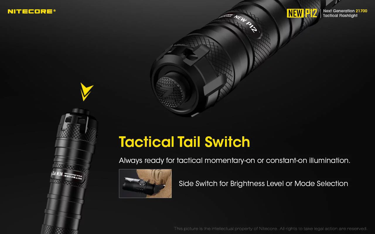 Nitecore New P12 Version LED Flashlight - 1200 Lumens w/NL2150HPR Battery, USB Cord, Offset Mount and RSW3 Pressure Switch