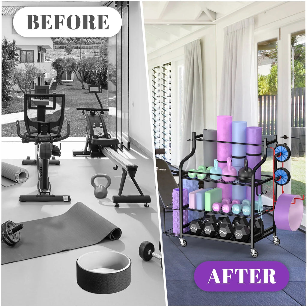 Mythinglogic Yoga Mat Storage Racks, Home Gym Storage Rack, Workout Equipment Storage Organizer with Hooks Wheels
