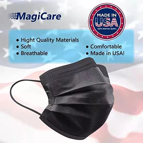 MagiCare Premium 3 Ply Comtable, Soft, Breathable Black Face Mask - 50ct Box