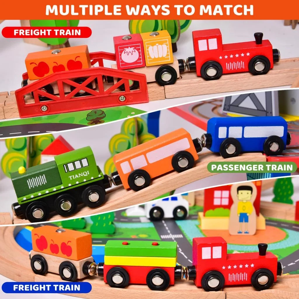 Fun Little Toys 88PCs Wooden Play Set, Enchanting Wooden Train Set Toddlers Age 3+