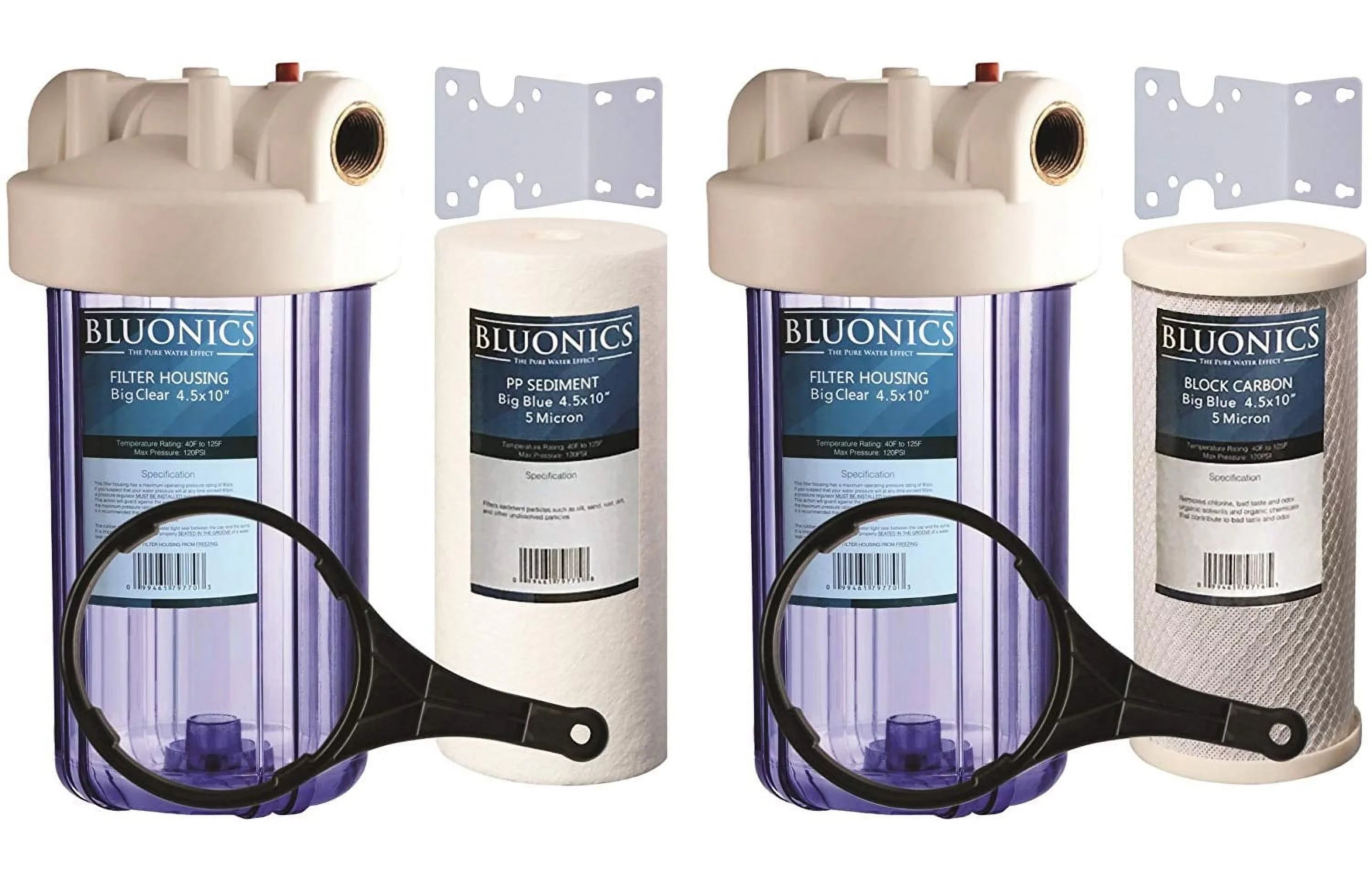 Two 4.5 x 10" Big Blue Whole House Sediment & Carbon Water Filters