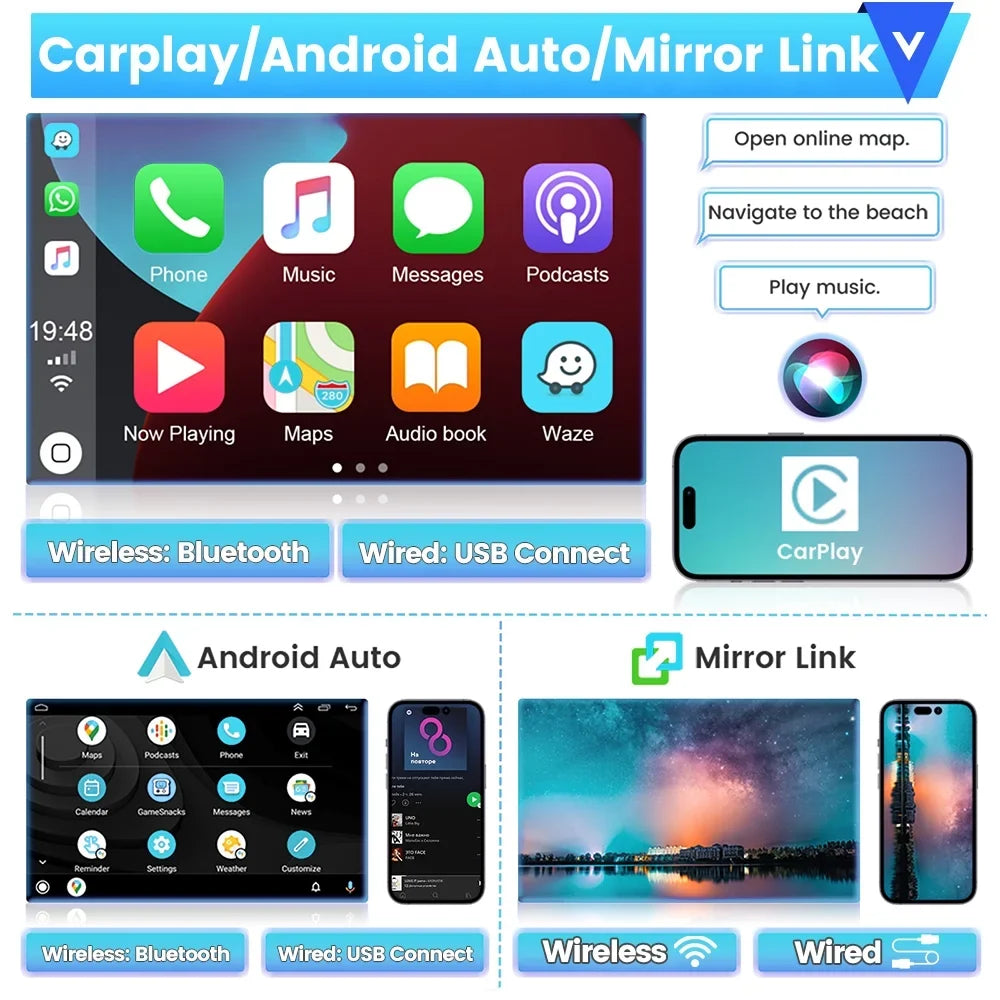 Podofo 2+64G Universal 9'' Double Din Car Stereo Radio Wireless Carplay Android Auto Mirror Link Touch Screen 1080P Car Multimedia Player Bluetooth USB WIFI GPS FM, Microphone&AHD Backup Camera