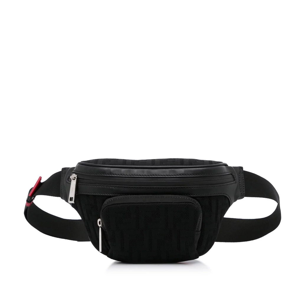 Pre-Owned Authenticated Fendi FF Neoprene Vitello Grace Perated Pocket Belt Bag Knit Fabric Black Unisex (Good)