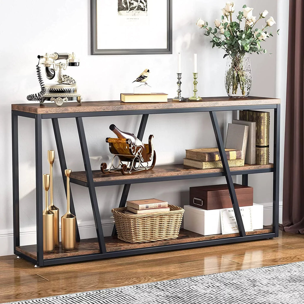 Console Table, Industrial Sofa Table with Shelves, 3-Tier Entryway Table with Storage Entryway, Living Room, Hallway, 59.1" L x 11.8" W x 31.5" H, Rustic Brown