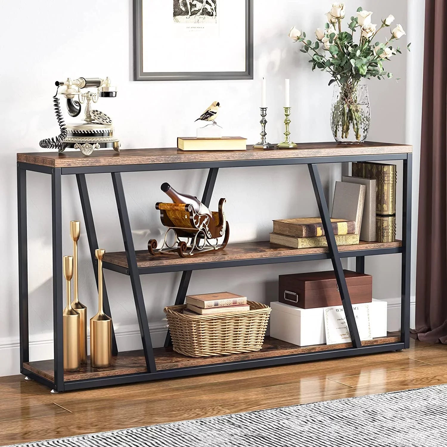 Console Table, Industrial Sofa Table with Shelves, 3-Tier Entryway Table with Storage Entryway, Living Room, Hallway, 59.1" L x 11.8" W x 31.5" H, Rustic Brown
