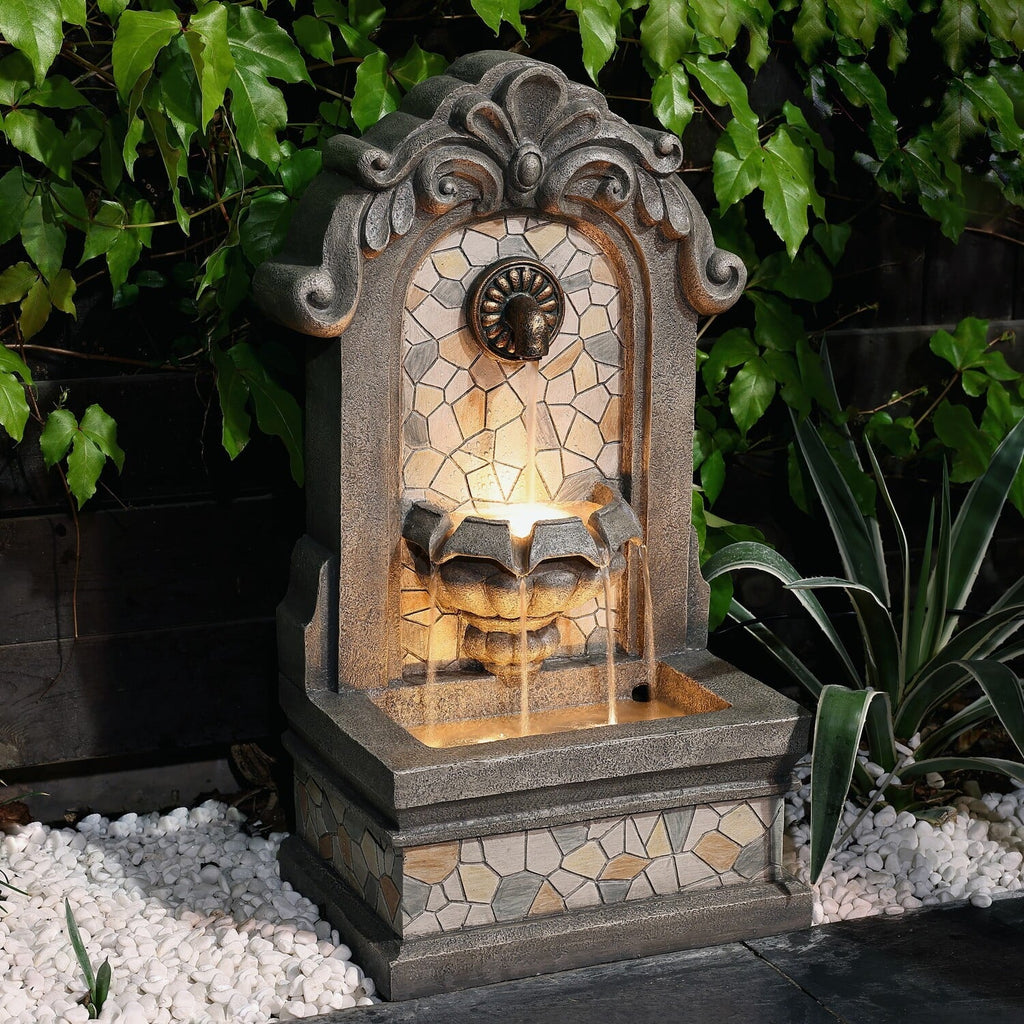 LuxenHome 27" H Gray Resin Mosaic Wall Freestanding Outdoor Water Fountain with Lights