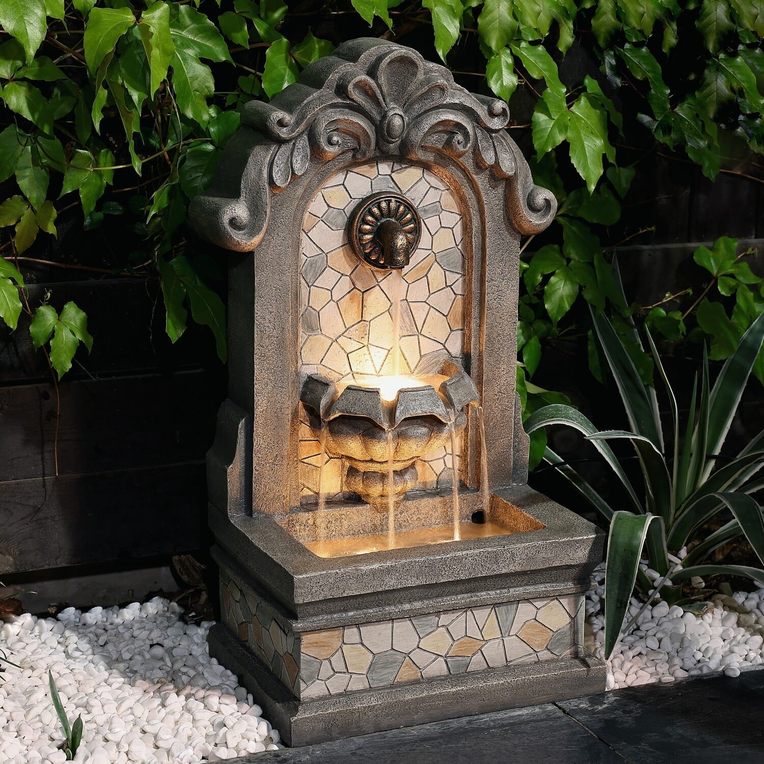 LuxenHome 27" H Gray Resin Mosaic Wall Freestanding Outdoor Water Fountain with Lights