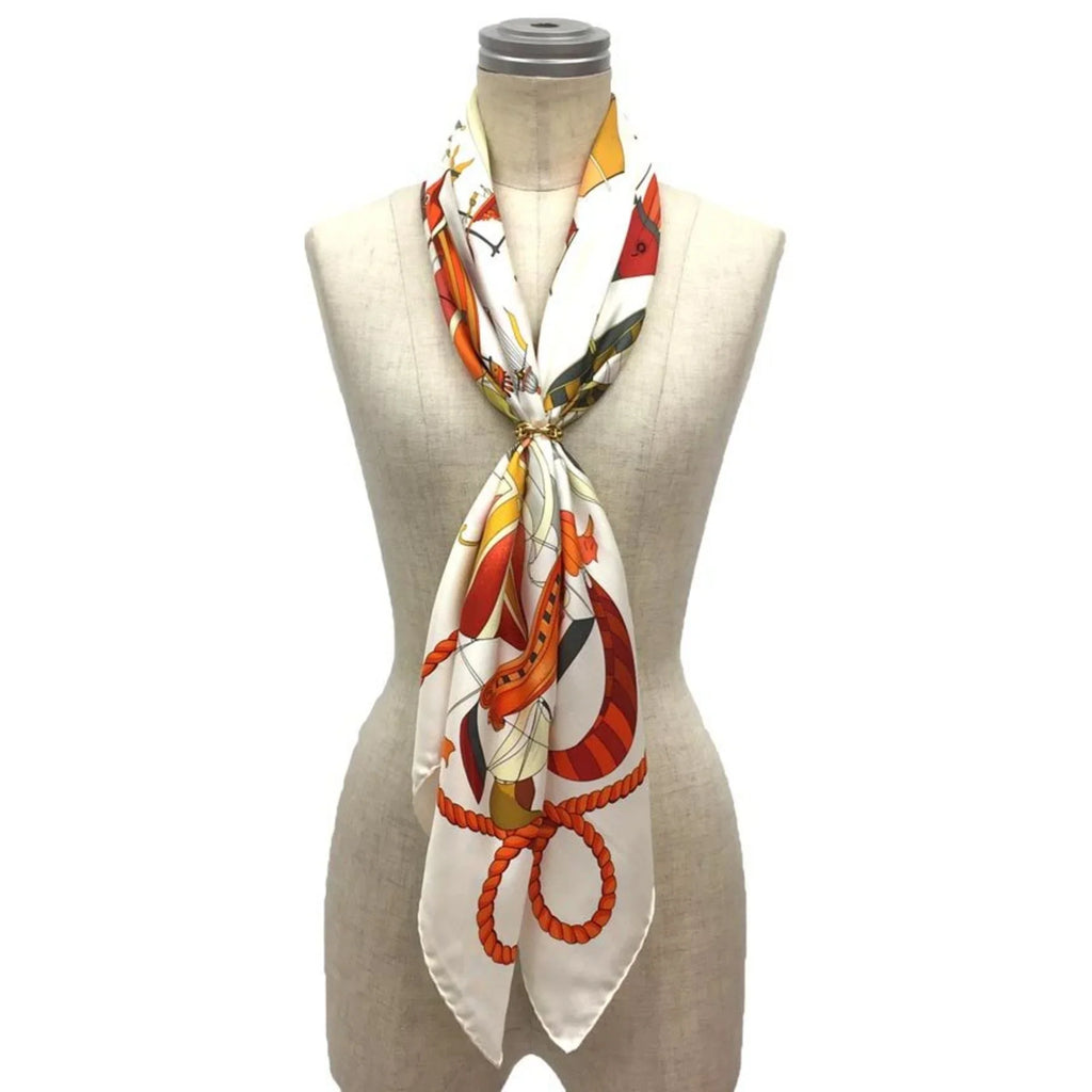 Pre-Owned HERMES Hermes Carre 90 Scarf Muffler LES FOLIES DU CIEL Madness in the Sky Balloon Pattern White/Orange 100% Silk (Like New)