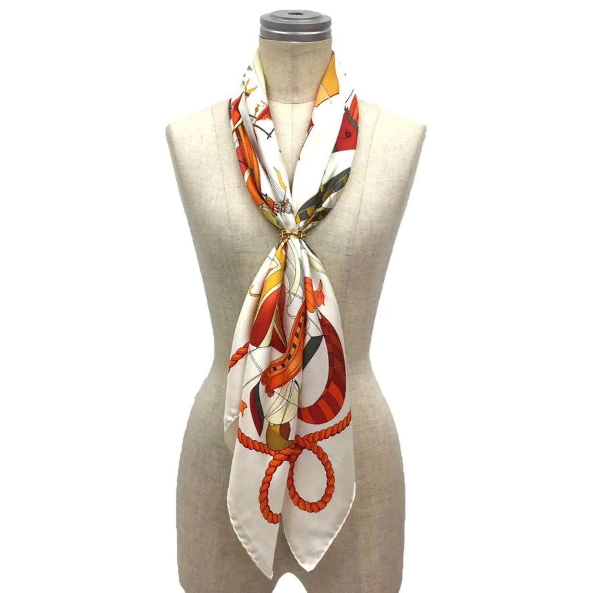 Pre-Owned HERMES Hermes Carre 90 Scarf Muffler LES FOLIES DU CIEL Madness in the Sky Balloon Pattern White/Orange 100% Silk (Like New)
