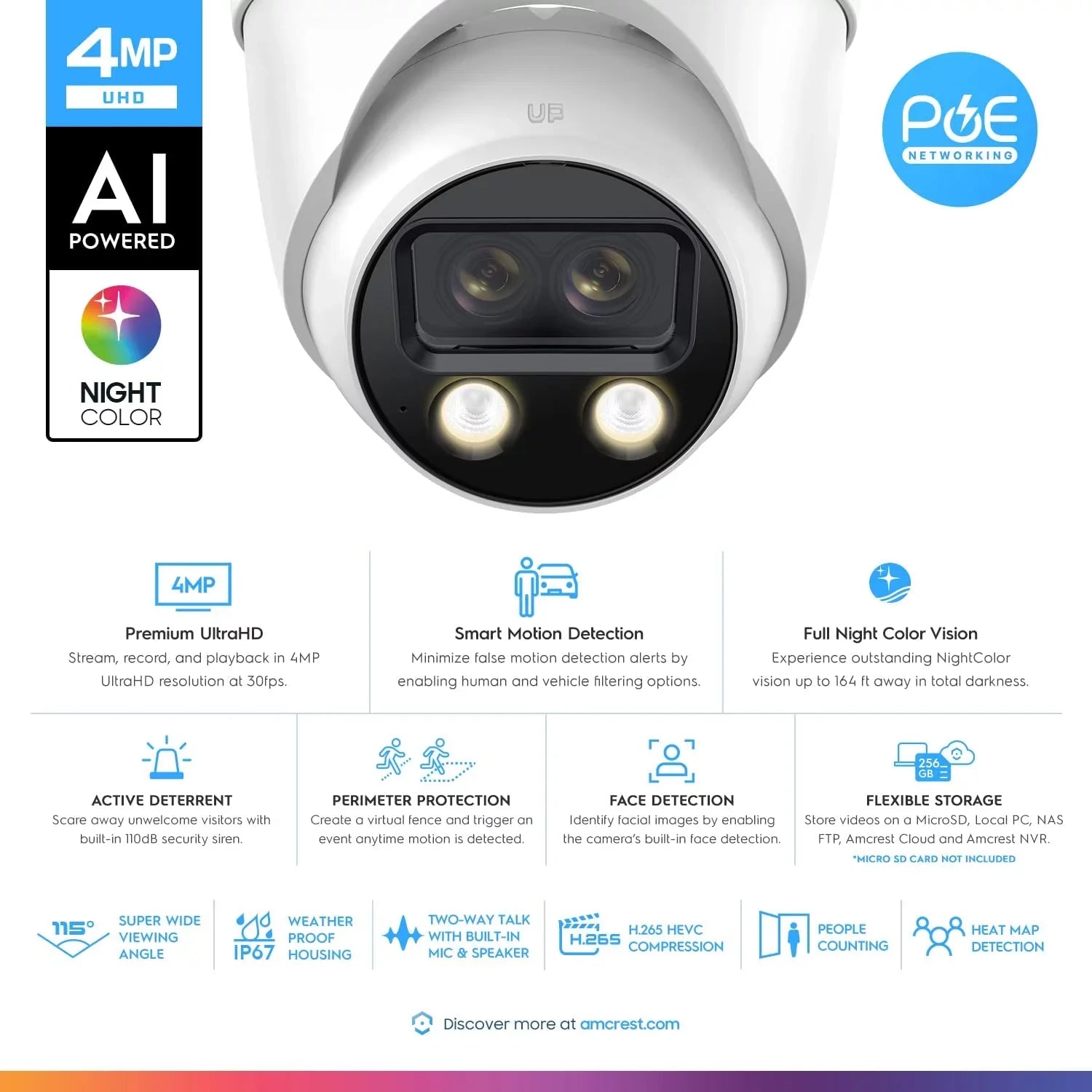 Amcrest Dual-Lens 4K (2 x 2K) AI Outdoor Security Turret IP POE Camera, 8MP (2 x 4MP) @25fps,
