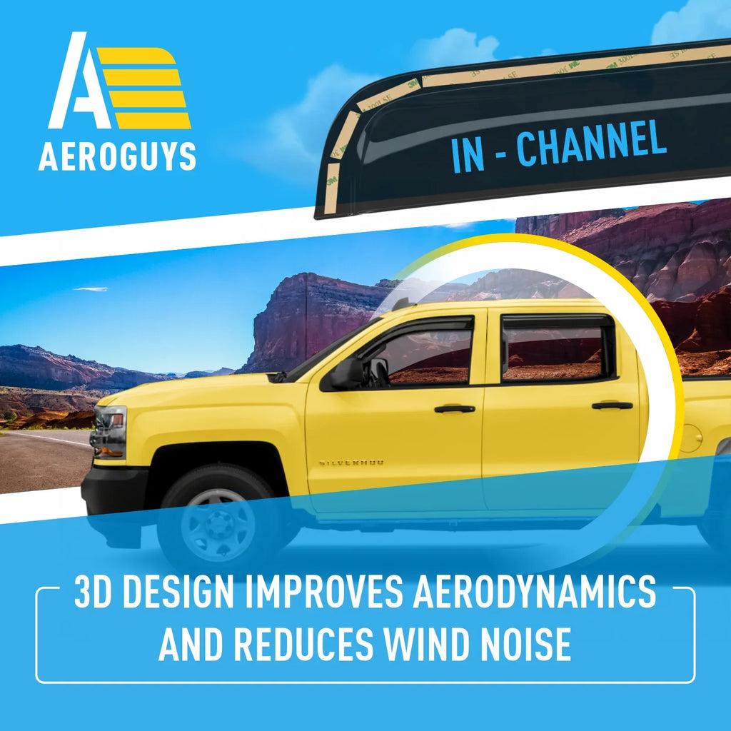 AEROGUYS In-Channel Window Deflectors Extra Long-lasting Window Visors Rain Guards Fit Chevrolet (Chevy) Silverado 1500 2014-2018 Crew Cab, Sun Visors, Wind Vent Visors, Truck Accessories -4pcs. AG0421