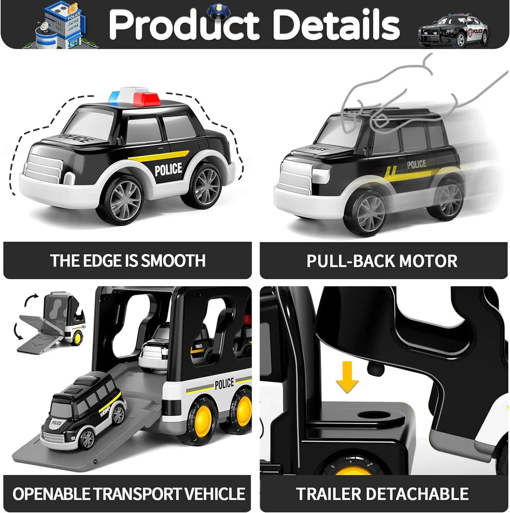 PayUSD Construction Toddler Police Truck Car Toys 3 4 5 6 Year Old Boys 5 in 1 Construction Car Trucks Playset with Play Mat & Accesoories, Birthday Gifts Toddlers Kids Boys Girls Age 3-5