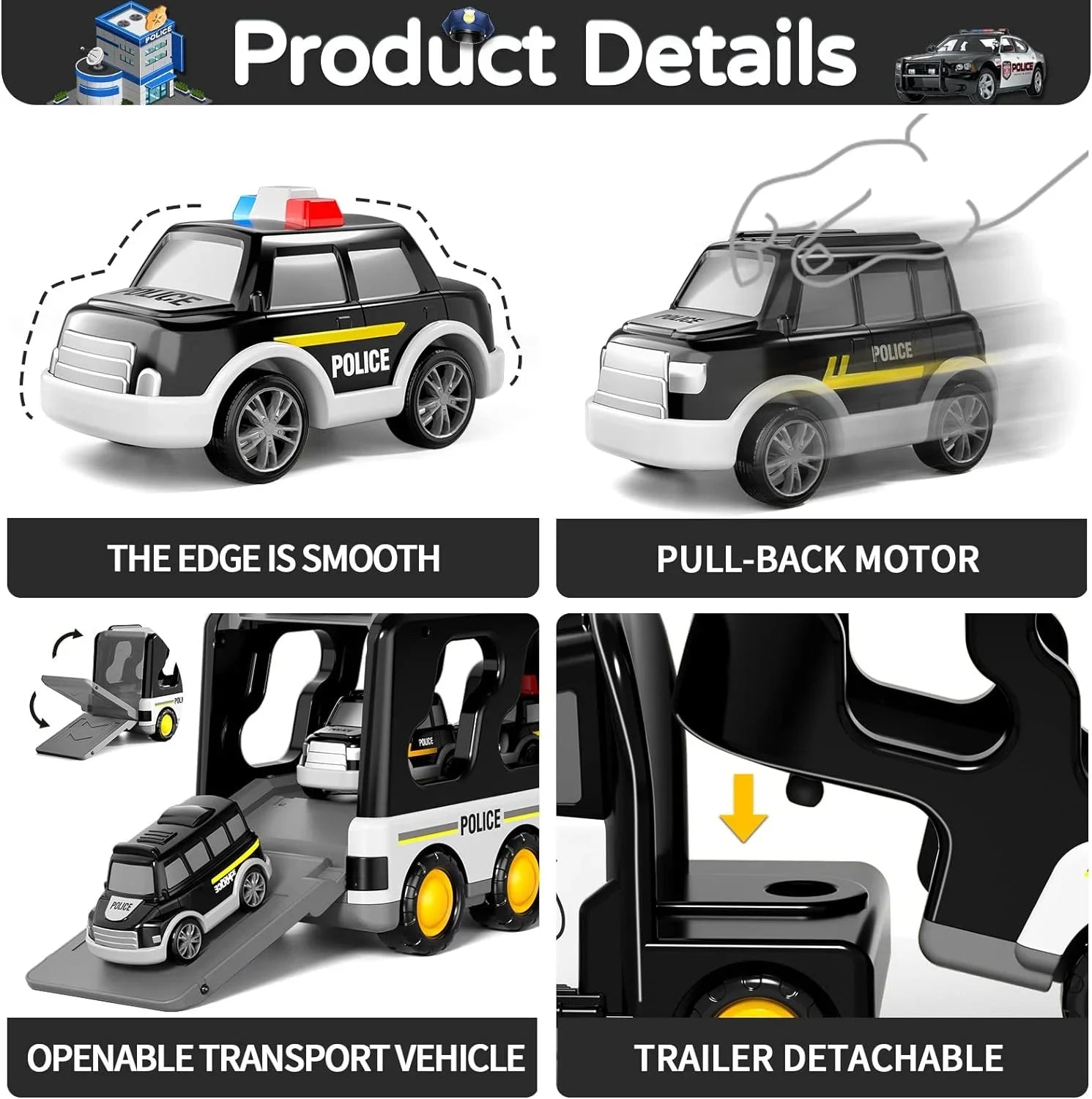 PayUSD Construction Toddler Police Truck Car Toys 3 4 5 6 Year Old Boys 5 in 1 Construction Car Trucks Playset with Play Mat & Accesoories, Birthday Gifts Toddlers Kids Boys Girls Age 3-5